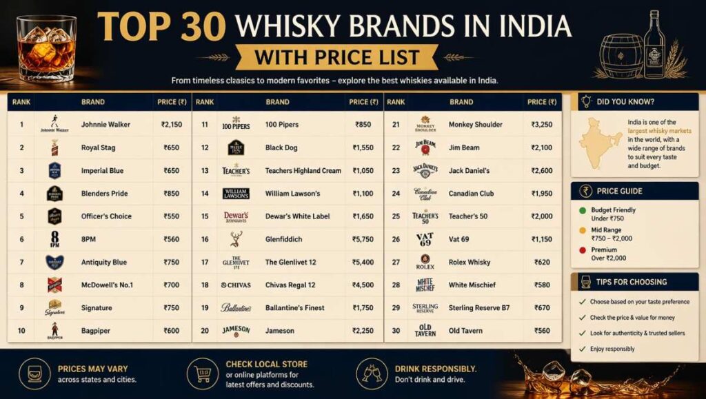 Top 30 Whisky brands in India Price List
